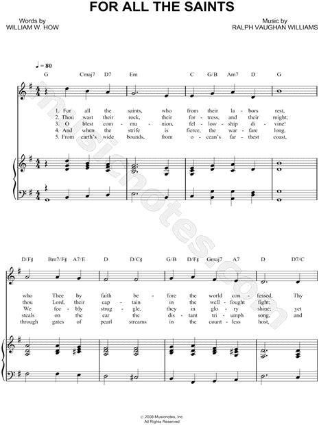 Ralph Vaughan Williams For All The Saints Sheet Music In G Major Transposable Download