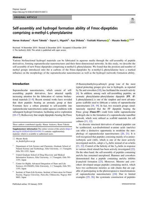 PDF Self Assembly And Hydrogel Formation Ability Of Fmoc Dipeptides