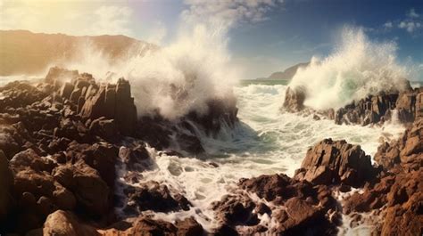 Premium AI Image Tsunami Waves Crashing Against Rocky Shoreline