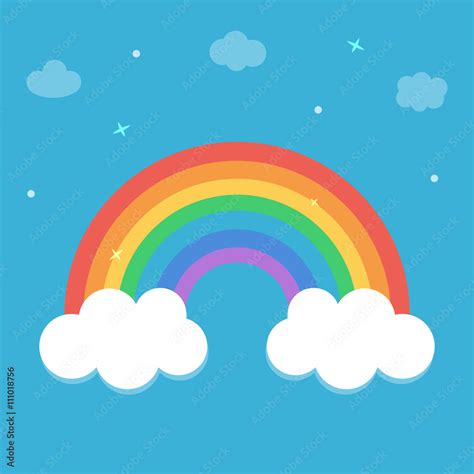 Flat design, cartoon rainbow with clouds on sky blue background. Stock ...