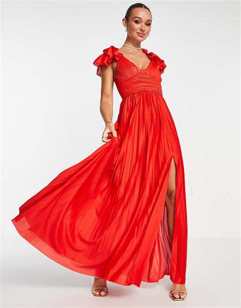 Asos Design Frill Sleeve Plisse Maxi Dress In Red Asos