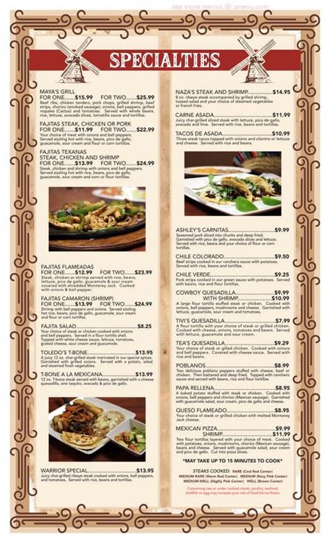 Menu at El Molino Mexican Restaurant, Warrior