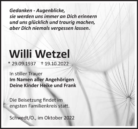 Traueranzeigen von Willi Wetzel Märkische Onlinezeitung Trauerportal