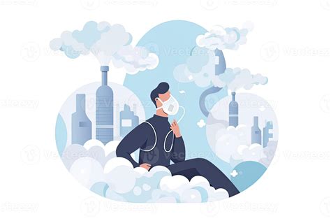 CO2 emissions. Man breathing through filter mask to reduce health