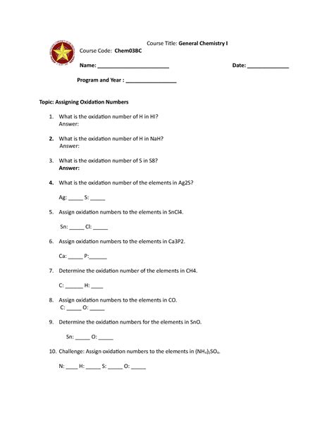 Assigning Oxidation Number Worksheet Course Code Chem Bc Course