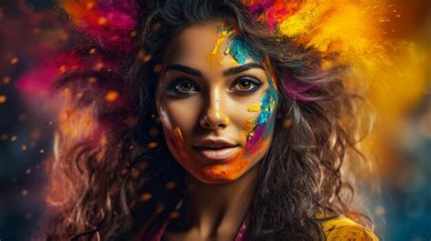 Premium Ai Image Portrait Of Happy Indian Woman Celebrating Holi With