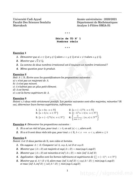 TD 1 TD d Analyse 1 SMIA s1 Université Cadi Ayyad Faculté Des