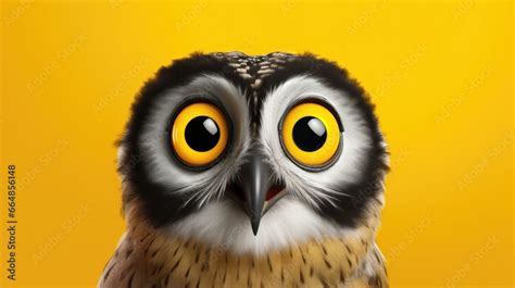 Shocked Owl With Big Eyes Isolated On Yellow Background Cute And