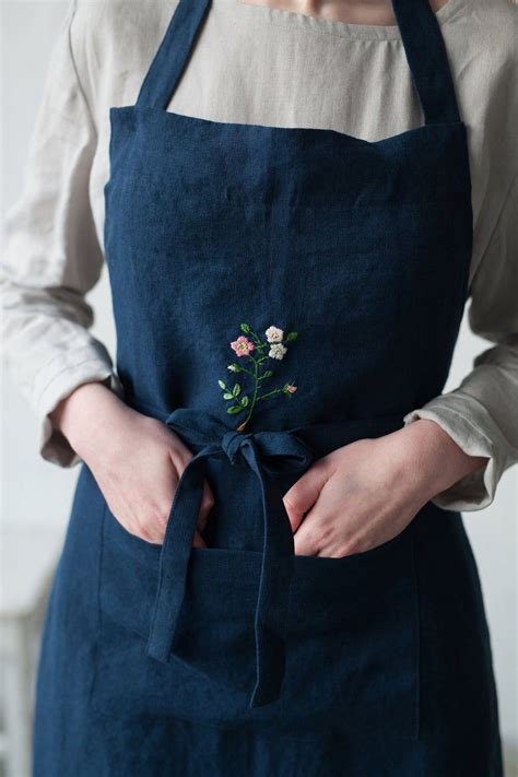 Navy Blue Traditional Apron Linen Apron Hand Embroidery Kitchen