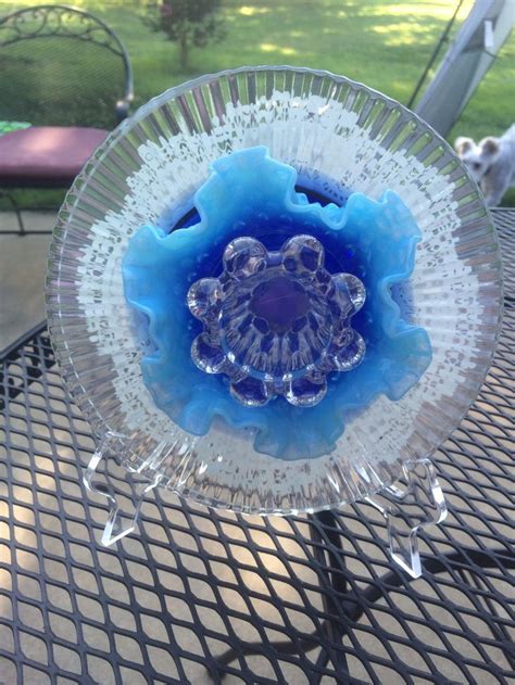 Glass Art Painted Paint Wave Plate With Blue Center And Blue Decorative Glass Flowers Glass