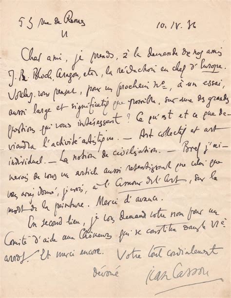 Lettre autographe signée à Elie Faure by Jean Cassou 1897 1986 poète