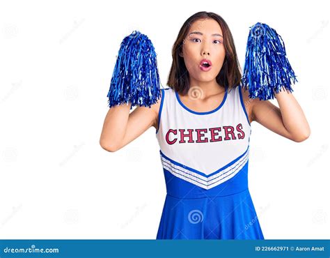 Young Beautiful Chinese Girl Wearing Cheerleader Uniform Holding Pompom