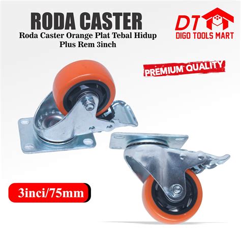 Roda Caster Orange Plat Tebal Hidup Plus Rem 3 Inci Roda Orange Tebal