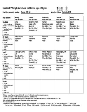 Cacfp Meal Forms Menus