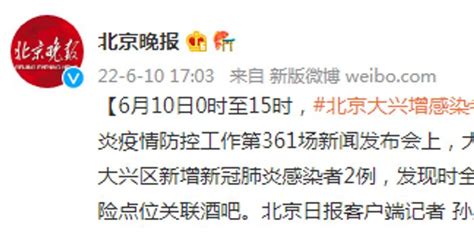 6月10日0时至15时，北京大兴增感染者2例，均到访过外区风险点位关联酒吧手机新浪网