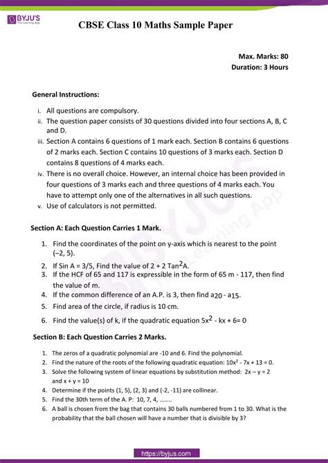 Cbse Class 10 Maths Sample Papers Set 6 Download Pdf