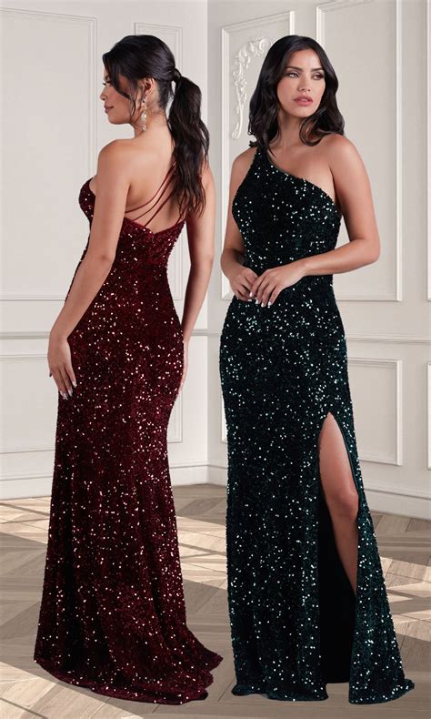 Velvet Sequin One Shoulder Long Prom Dress