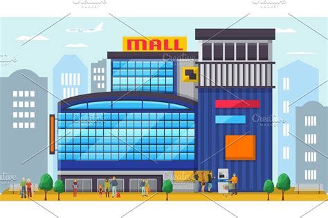 Shopping mall center vector | Shopping mall, Mall, Building illustration