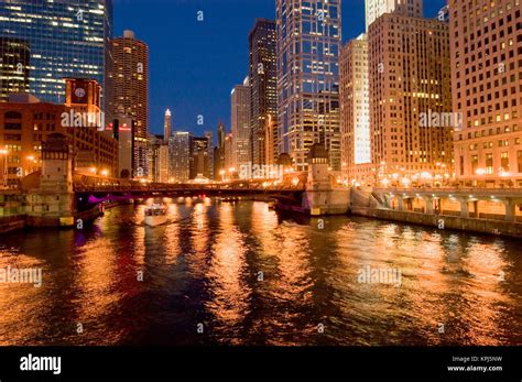 chicago illinois skyline  chicago river  night stock photo alamy