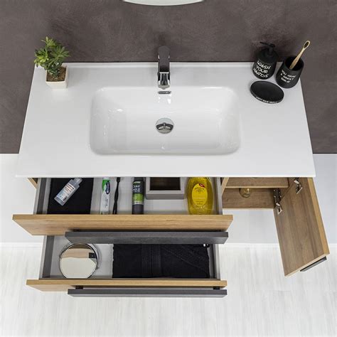 Mobile Bagno Sospeso Urban Effetto Legno 100x47 Cm Con Specchio Tondo