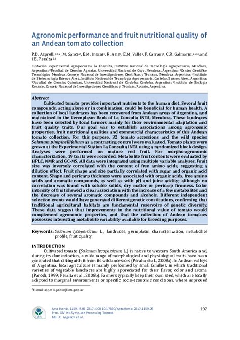 Pdf Agronomic Performance And Fruit Nutritional Quality Of An Andean Tomato Collection