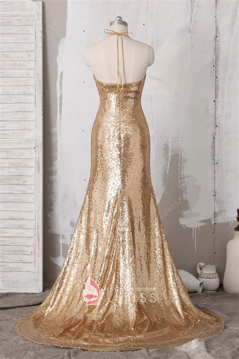 Sparkly Sexy Gold Sequin Plunging V Neck Halter Prom Gown Lunss