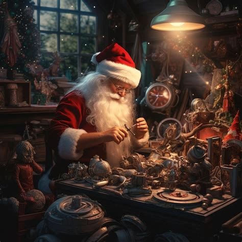 Premium AI Image | Santa Claus in his workshop with toys Christmas and New Year concept