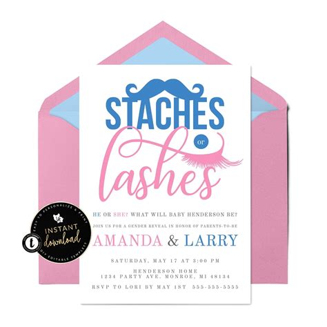 Staches Or Lashes Gender Reveal Invitation Gender Reveal Etsy