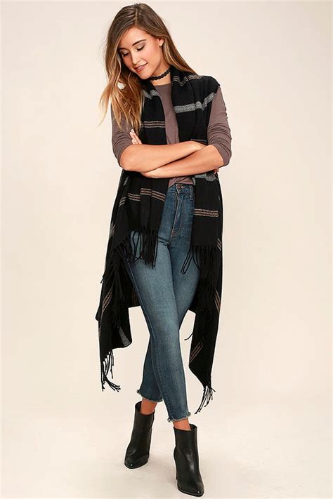 Chic Black Poncho Striped Poncho Fringe Poncho Lulus