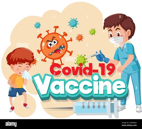 Doctor and kid patient cartoon character with Covid-19 vaccine font ...