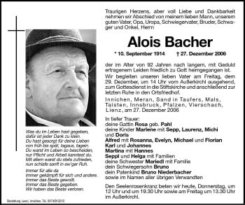 Traueranzeigen Von Alois Bacher Trauer Bz