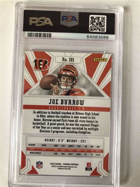 2020 Panini Phoenix Joe Burrow Fire Burst Rcrookie Bengals 101 Psa 9