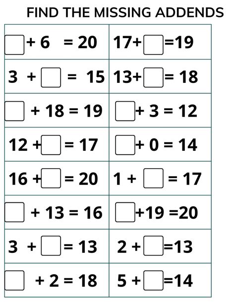 4 Printable Missing Addends Worksheets Up To 20 Math Addition