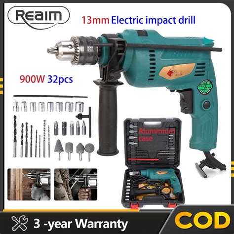 REAIM 900W 13mm Electric Impact Drill Set 32pcs Accessory Set Aluminum