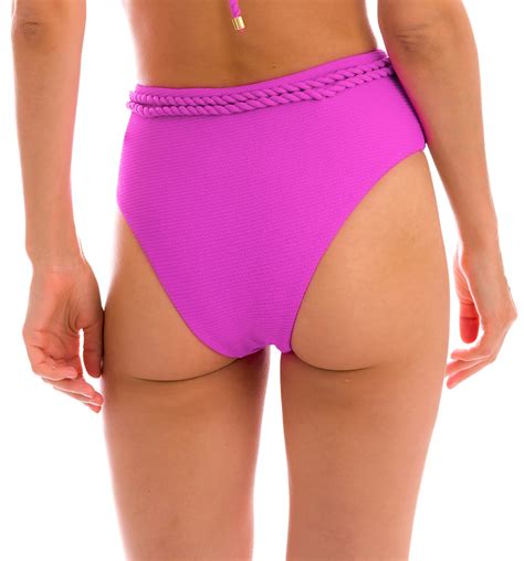 Magenta Pink Textured High Waist Bikini Bottom With Twisted Rope