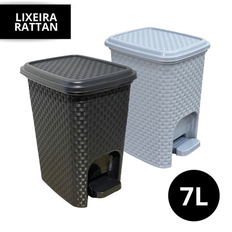 Lixeira Cesto Rattan De 7 Litros Preto Cinza Tampa Pedal Lixo