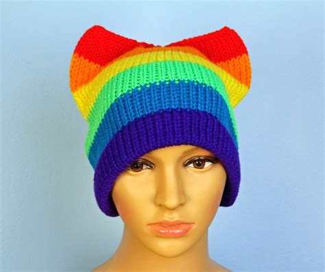 Rainbow Pussy Hat Lgbtq Pride Slouchy Cap Cat Kitten Ear Hat Etsy