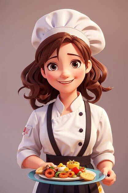 Linda Chica Chef Con Car Cter Uniforme Sonriendo Y Sosteniendo Un Plato