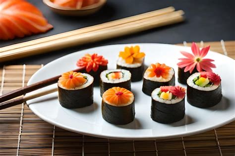 Premium Photo Sushi On A Plate With A Flower On It