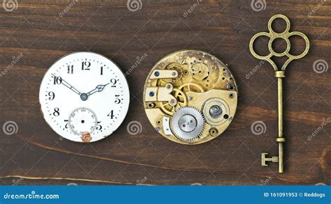 Vintage Key, Clock Face and Watch Mechanism, Escape Room Concept Stock ...