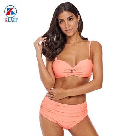 Solid Color Peach Full Coverage Halter High Waist Women Bikini China