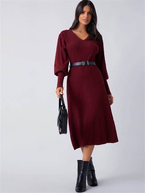 Shein Lantern Sleeve Rib Knit Sweater Dress Without Belt Shein Usa