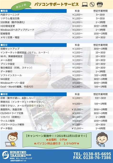 パソコンサポート料金表（詳細版）