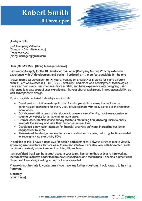 Ui Developer Cover Letter Examples Qwikresume