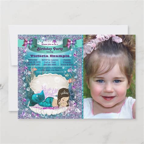 Purple And Teal Brunette Mermaid Birthday Party Invitation Zazzle
