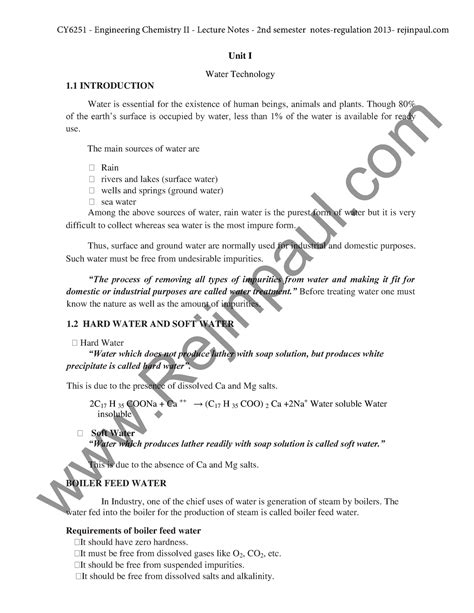 Cy Engineering Chemistry Ii Lecture Notes Unit I Water Technology