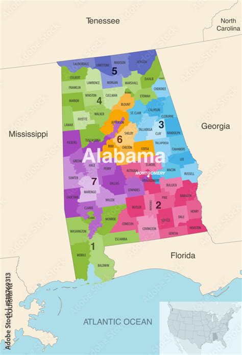 Alabama State Counties Colored By Congressional Districts Vector Map