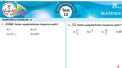 Sinif Karek Kl Sayilar Meb Kazan M Test Teog Haz Rl K