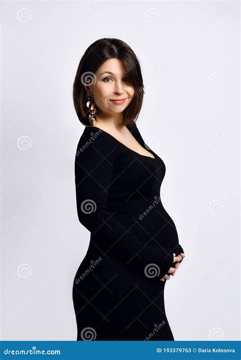 Pregnant Female In Tight Dress She Smiling Put Hands On Her Tummy Posing Sideways Isolated On