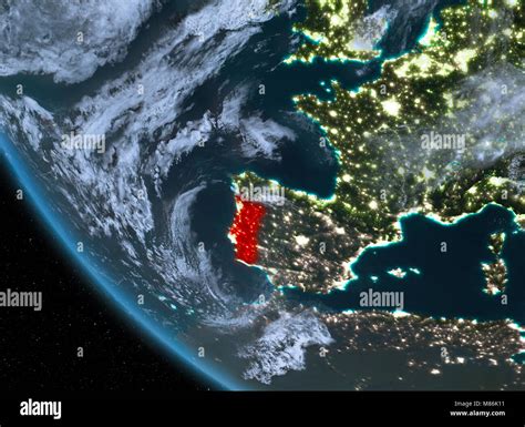 Portugal At Night Highlighted In Red On Planet Earth With Clouds D